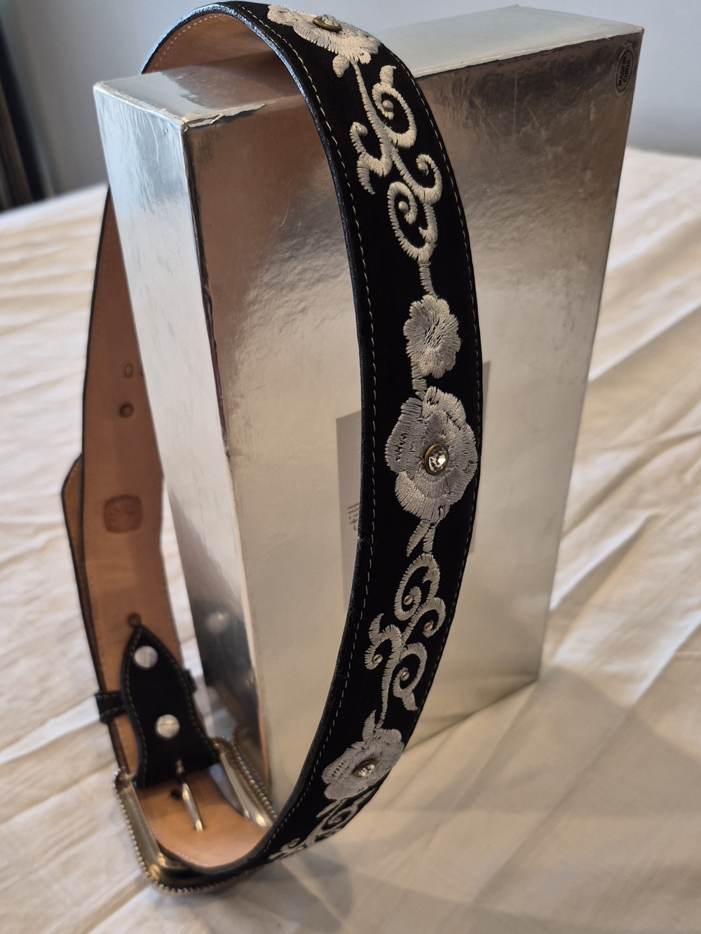 Cowgirl Black Embroidered Floral Leather Waist Belt with Silver Accents
